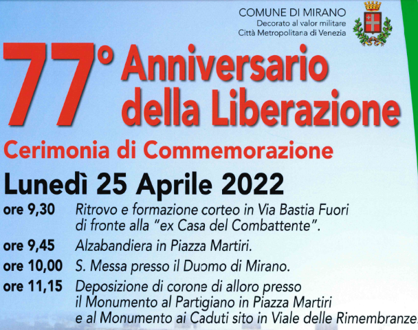 77° anniversario della Liberazione lunedì 25 aprile