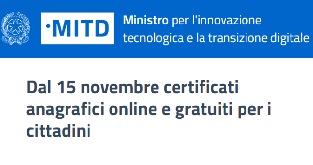 Dal 15 novembre certificati anagrafici online e gratuiti 