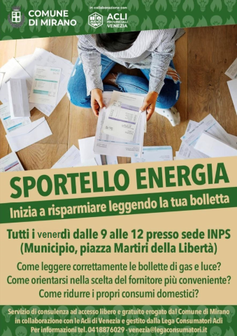 Sportello Energia Mirano aperto al venerdì in Municipio