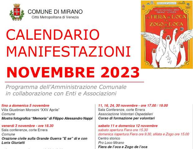 Calendario manifestazioni novembre 2023