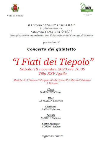 Concerto de "I Fiati dei Tiepolo" sabato 18 novembre