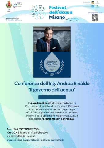 Mercoledì 2 ottobre conferenza dell'Ing. Andrea Rinaldo, premio Nobel per l'acqua, alle ore 20.45 al Teatro Belvedere